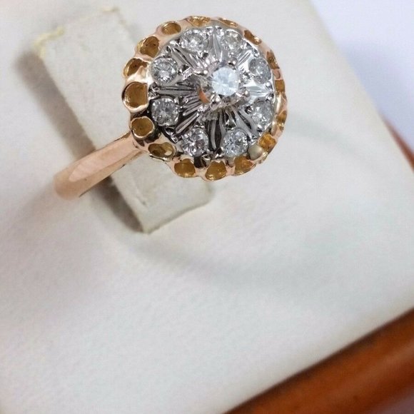 Exquisite 14K Karat 585 Stamp Solid Two Tone Multi Color Gold Ring with Diamonds - Picture 7 of 12